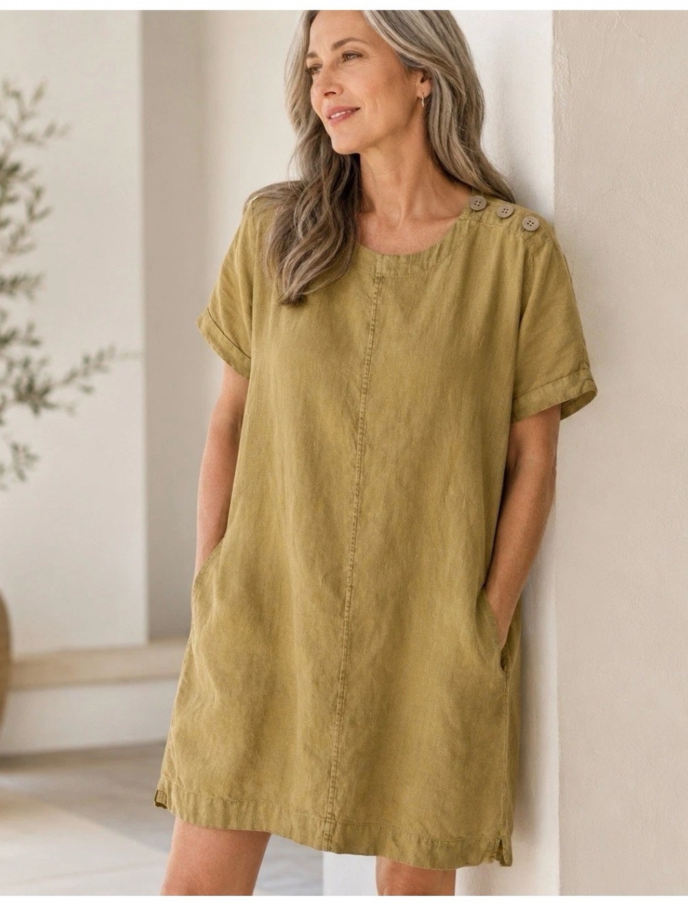 J. Jill Women’s Sz L Golden Mustard Lagenlook Short-Sleeve Button-Shoulder Dress